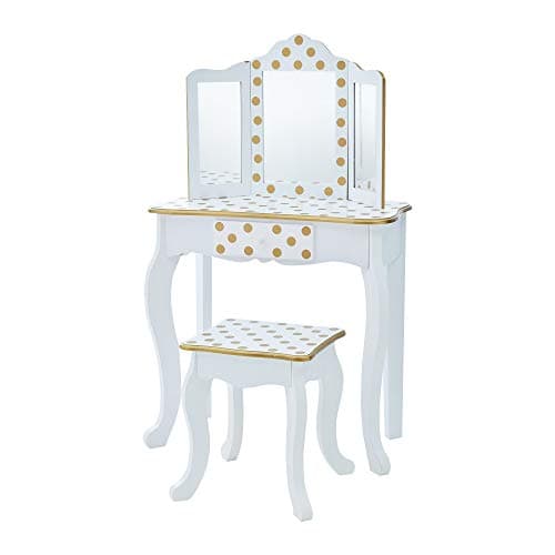 Image of Teamson Kids Princess Gisele Polka Dot Print 2-Piece Kids Wooden Play Vanity Set with Vanity Table, Tri-Fold Mirror, Storage Drawer, and Matching Stool, White with Gold Polka Dot Accent