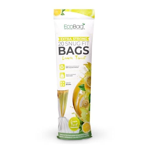 Image of EcoBag - Lemon Scented Kitchen Drawstring Bin Liner - 20L - 24 Microns - Heavy Duty, Extra Strong, Brabantia Compatible, Tear Resistant, Fresh Smell (420 x 760mm) (20L, Pack of 1 (20 Count))