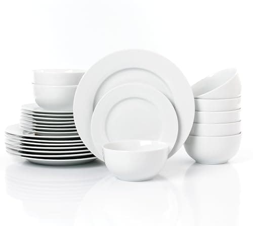 Image of Waterside 24pc White Rim Porcelain Dinner Set; 8 Dinner Plates, Side Plates & Deep Bowls - Dishwasher & Microwave Safe