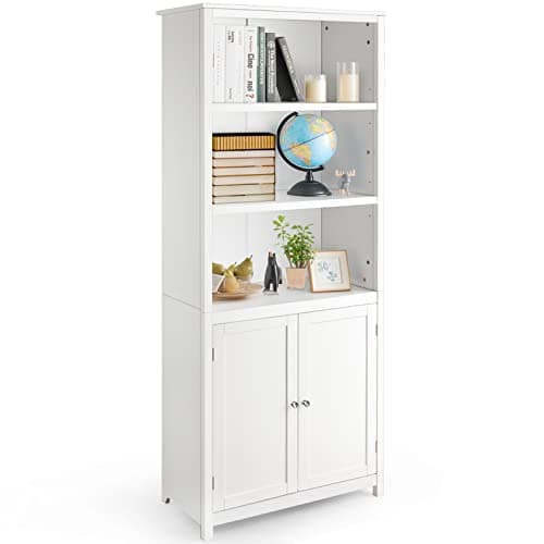 Image of COSTWAY Wooden Storage Cabinet, Floor Standing Cupboard Tall Sideboard with 3-Tier Open Shelves and 2 Doors, Home Living Room Entryway Hallway Display Organiser Unit (White)