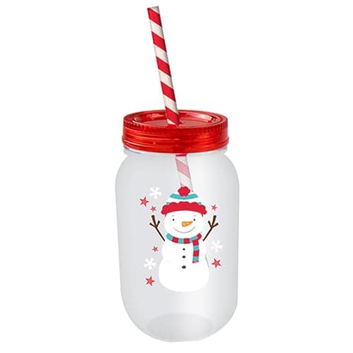 Image of Widdle Gifts Christmas Mason Jar and Straw - Re-useable Sturdy Plastic Childrens Mason Jar (Snowman)