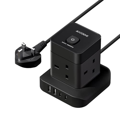 Image of AICODE Cube Extension Lead with USB Slots,4 Way Multi Plug Extension Socket Tower with 2 USB C & 2 USB A Ports,Overload Protected Extension Lead Black with Switch,2M Extension Cable for Home,Office