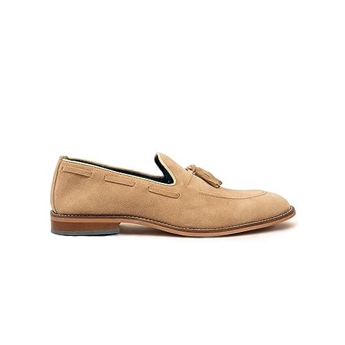 Image of Oswin Hyde Issac Suede Men Tassel Loafer Shoes - Elegant Summer, Wedding, Holiday Footwear for a Stylish Wardrobe - Leather Upper, Lambskin Lining, Durable Sole Sand
