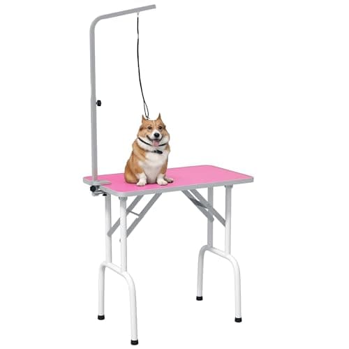 Image of PawHut 32" Foldable Dog Grooming Table Pet Drying Beauty Table Adjustable Fixed Arm Rubber Top, Pink