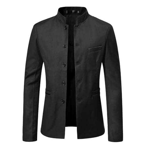 Image of Men's Black Mandarin Collar Blazer, Single Breasted Button Front Suit Jacket with Pockets,Business Dress Sport Coats, Formal & Casual Outerwear for Business, Wedding (Black, XXL)