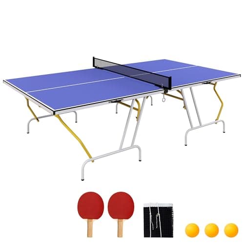 Image of SPORTNOW 9FT Foldable Table Tennis Table, Full Size Indoor Portable Ping Pong Table, Folds Into Quarters with Net, Cover, Paddles, Balls, Blue