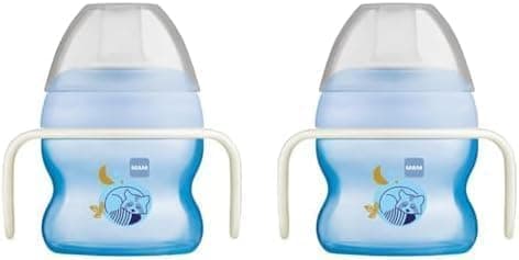 Image of MAM Starter Cup Glow in The Dark Handles, Baby Cup for 4+ Months, Baby Feeding, Glow in The Dark Toddler Cup, 1x 150 ml, Blue (Designs May Vary) (Pack of 2)