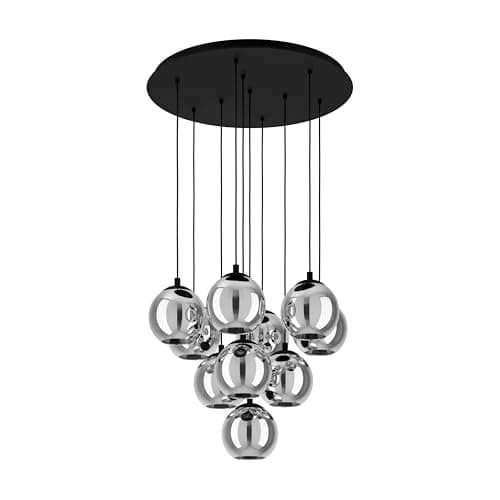 Image of EGLO Cluster pendant lighting Ariscani, ceiling light fitting with 10 shades, hanging lamp for dining room made of black metal and smoked glass in transparent black, E27 socket, 25.8“