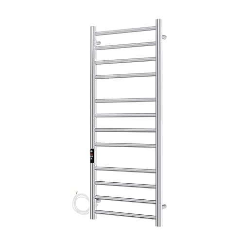 Image of AQUAWORLD Wall-Mounted Heated Towel Rail – 304 Stainless Steel Electric Towel Warmer with Built-in Timer, Hardwired Bathroom Towel Heater, Polished Chrome Finish, 1200 x 500 mm