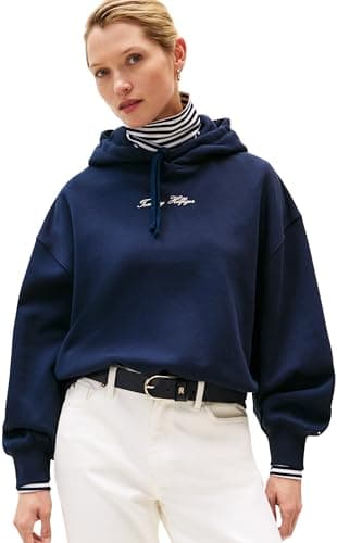 Image of Tommy Hilfiger Women's Classic Script Fleece Hoodie, Blue (Dark Night Navy), XXL