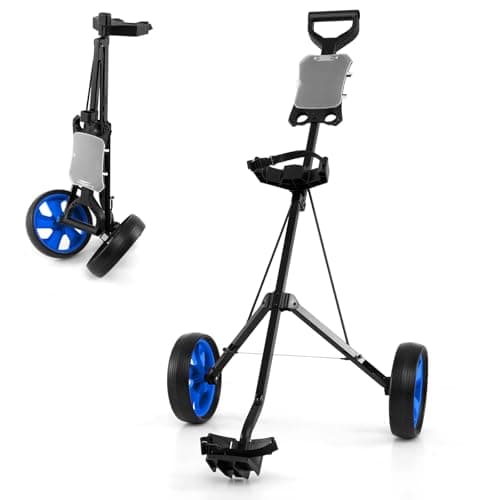 Image of COSTWAY Folding Golf Push Pull Cart, Lightweight 2 Wheels Golfs Bag Trolley with Convenient Handle, Scoreboard Holder and Foot Brake (Blue)