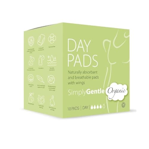 Image of Simply Gentle Organic Day Pads with Wings for Women, Ultra Absorbent, 100% Cotton, Thin and Breathable, Plastic Free, Leak Protection, Sanitary, Comfortable, for Sensitive Skin, 30 Pads (Pack of 3)