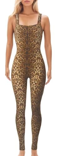 Image of FEOYA Leopard Print Romper for Women One Piece Rompers Playsuit Bodycon Jumpsuits Sleeveless Full Body Leopard Bodysuit Club Unitard Leopard Outfit