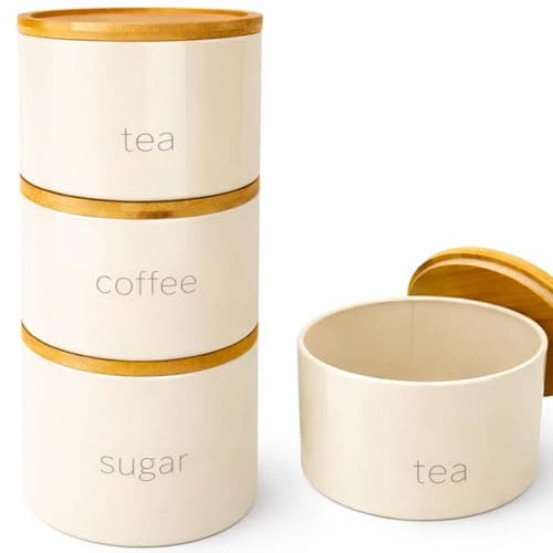 Image of SAFRI 3 Pieces Jar with Wooden Lid Tea Coffee Sugar Canister Storage Container Bowl Pots Kitchen Storage Tins (Cream)