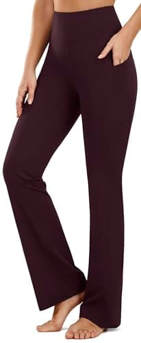 Image of PERSIT Bootcut Yoga Pants for Women High Waist Flared Leggings with Pockets Wide Leg Bottom Bootleg Workout Gym Casual Flare Womens Work Trousers UK - 31 Inches Red XXL