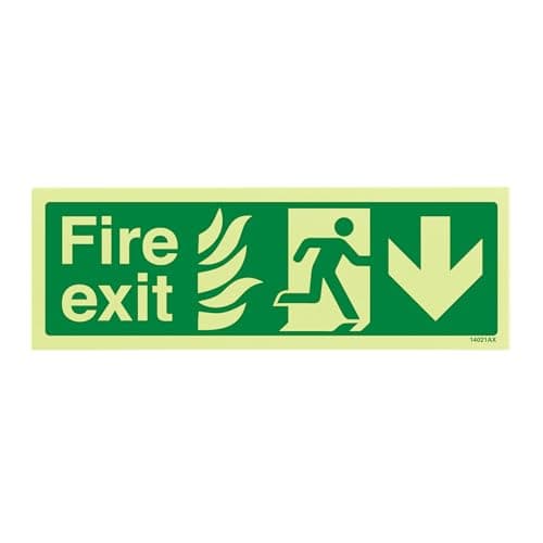Image of V Safety Glow In The Dark NHS Fire Exit Arrow Down Sign - 300mm x 100mm - Rigid Plastic