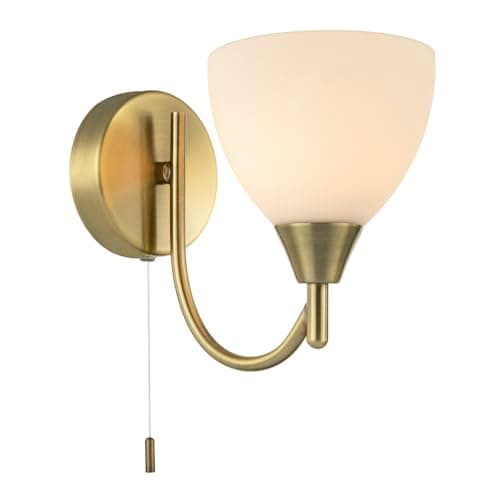 Image of Happy Homewares Contemporary Pull Switched Wall Light Fixture in Antique Brass with Opal White Glass Shade | 1 x 7w E14 | 18cm x 21cm x 11cm