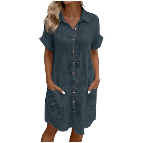 Image of Yolimok Summer Shirts Dresses for Women UK Oversized Cotton Linen Baggy Tunic Shirt Mini Dress Button Up Plain Sundress with Pockets Beach Cover Up Blouses Lounge Holiday Essentials Dresses Navy