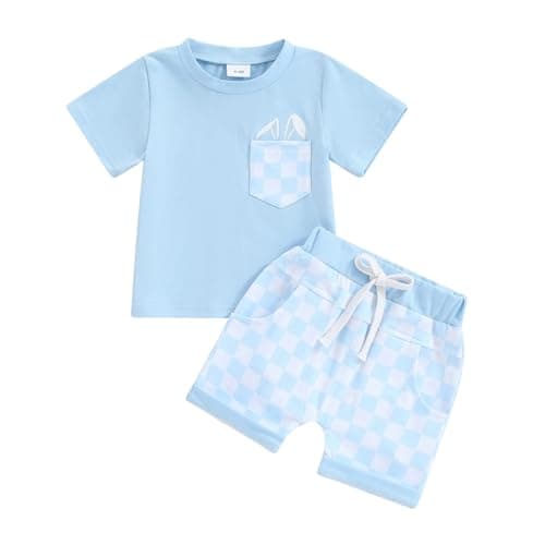 Image of Eqenkely Toddler Baby Boy Summer Clothes Checkerboard/Stripe Print Short Sleeve T-Shirt Tee Tops and Shorts 2Pcs Infant Outfits Set Blue 6-12 Months
