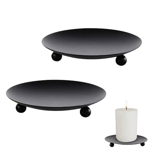 Image of 2 Pack Pillar Candle Holders, Black Metal Candle Plates and Trays, Iron Candle Dish Stand for LED Candles, Round Decorative Centerpiece for Wedding Party Table (Black)