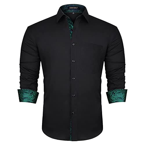 Image of HISDERN Men Classic Collar Shirt Men Classic Collar Black Green Paisley Shirt Casual Formal Button Down Regular Fit Shirts Long Sleeve