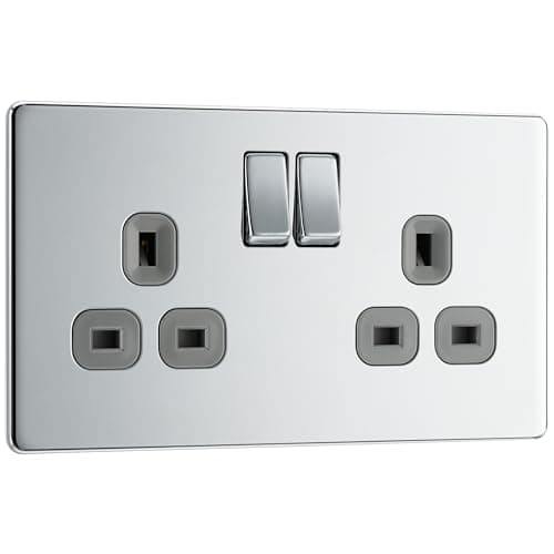 Image of BG Electrical Double Switched Power Plug Wall Socket, Flatplate Screwless, Polished Chrome, Grey Inserts, 13A, FPC22G