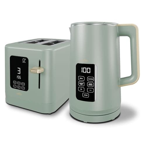 Image of Sage Green 800W 2 Slice Toaster, 1.7L 3000W Digital Kettle | Toaster with Detachable Crumb Tray, Digital Control Panel with Countdown Timer, BPA-Free Auto Shut-off Electric Temperature Control Kettle