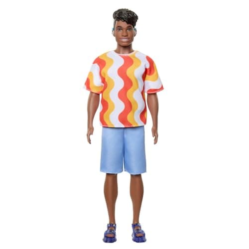 Image of Barbie Fashionistas Ken Doll #220 with Behind-the-Ear Hearing Aids & Broad Body Wearing a Removable Orange Patterned Shirt, Shorts & Jelly Sandals, HRH23