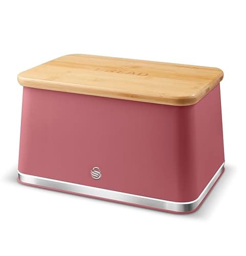 Image of Swan Nordic SWKA18523FUS Bread Bin with Iron Body, Non-Slip Base, Stylish Soft Touch Matt Finish and Acacia Wood Pull Up Lid, 16L, Fuchsia Rose