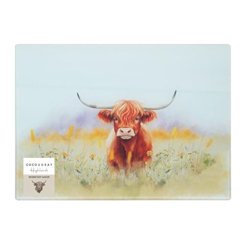 Image of YöL Highland Cow Themed Work Top Saver - Kitchen Food Preparation Chopping Board Vegetables Meat - Durable Smooth Tempered Glass Scratch Resistant Non-Slip