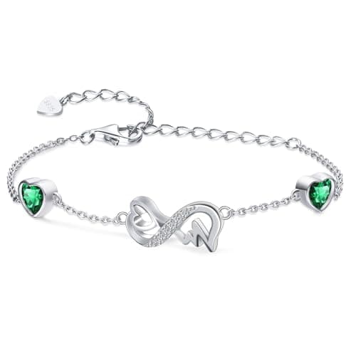 Image of Infinity Heart May Birthstone Bracelet 925 Sterling Silver Adjustable ECG Heartbeat 2 Emerald Birthstones Bracelets with Green Cubic Zirconia Chain Bracelet, Mother's Day Jewelry Gift for Women Mom