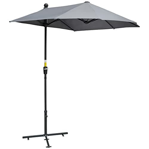 Image of Outsunny 2m Half Parasol Market Umbrella Garden Balcony Parasol with Crank Handle, Cross Base, Double-Sided Canopy, Dark Grey