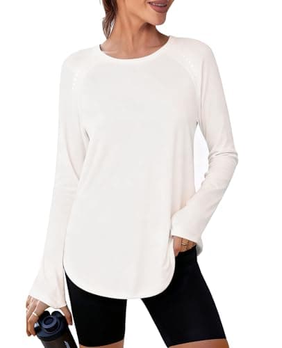 Image of Crewhpo Womens Gym Tops Long Sleeve Running T-Shirt Fitness Yoga Top UPF 50+ Sports Tee Shirts with Thumb Hole Lightweight Breathable Activewear White