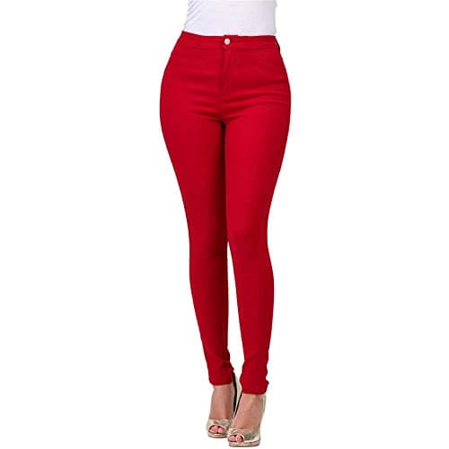 Image of BiCophy Stretchy Jeggings for Women High Waist Tummy Control Jean Leggings with Pockets Pull-On Skinny Jeans Denim Pencil Pants Tights Fashion Fall Denim Jeggings Women Trousers(Red,Medium)