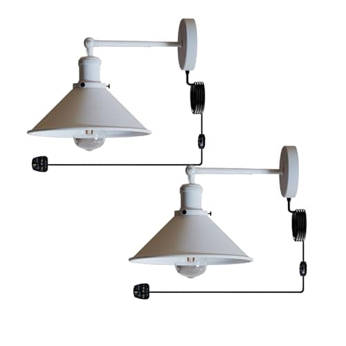 Image of DC VOLTAGE Set of 2 White Wall-Mounted Industrial Plug-in Sconces – Adjustable Conical Shade, Dimmable 2M Cord, Vintage Style Wall Lamps for Bedroom, Living Room, or Office – E27 Bulb Compatible