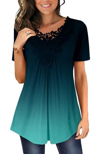 Image of Magritta Womens Blouses Summer Plus Size Shirt Ladies Short Sleeve Lace Tunic Tops Crew Neck Fashion Work Baggy Swing Tops for Leggings Blue Gradual XX-Large