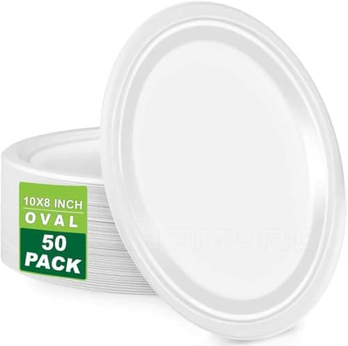 Image of PACK of 50, 10"x 8" Large Strong Disposable Bagasse Plates Oval, USED for HOT & COLD FOODS for LUNCH & DINNER PARTY, EcoFriendly Party Plates, Food Safe, Large Disposable , Strong Dinner PLATE