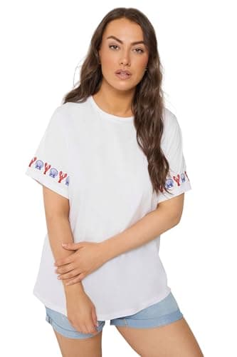 Image of Yours Curve Embroidered Lobster Sleeve Detail T-Shirt - Women's - Plus Size Curve White