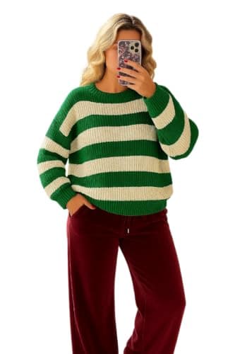 Image of Pretty Attitude Oversized New Ladies Womens Chunky Knit Striped Baggy Jumper Knitted Sweater Thick Top Size 8-18 (UK, Numeric, 12, 14, Regular, Regular, Jade Green & Cream)
