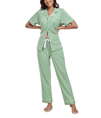 Image of COLORFULLEAF 100% Cotton Pyjamas for Women Soft Ladies Pyjamas Button Down Pj Sets Short Sleeve Top & Long Pant with Pockets(Sage Green,S)