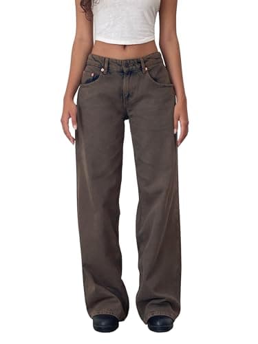 Image of SANSIWU Women Straight Wide Leg Jeans Low Waist Baggy Straight Leg Boyfriend Jeans Y2K Relaxed Fit Pants Streetwear (A-Dark Brown, M)