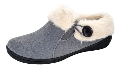 Image of Clarks Womens Suede Leather Slipper with Gore and Bungee JMH2213 - Warm Plush Faux Fur Lining - Indoor Outdoor House Slippers For Women, Pewter, 7.5 UK