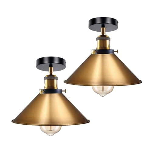 Image of LEDSone Vintage Flush Mount Ceiling Lamp E27 Ceiling Light Fixture Easy Fit Rust Free Durability Long Lasting Metal 22cm Yellow Brass Cone Shade 2 Pack Living Room and Hallway Lighting with Bulb