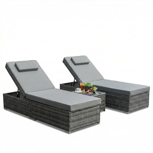 Image of Clevich 3 PCS Rattan Sun Lounger Set, 5-Level Adjustable Outdoor Recliner, Patio Loungers with 8cm Thick Cushion, Detachable Headrest & Glass Coffee Table, All-Weather PE Wicker Garden Furniture, Grey