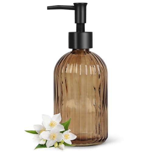 Image of Topsky Glass Soap Dispenser with Black Plastic Pump, 400ml Liquid Hand Soap Dispenser, Rustproof Pump for Kitchen & Bathroom, Great for Lotions, Essential Oil, Liquid Soaps (Amber)