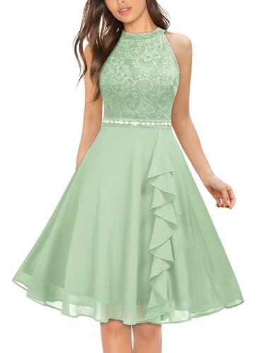 Image of MIUSOL Women's Floral Lace Sequin Belt Halterneck Bridesmaids Party Cocktail Formal Swing Dress (Meidum, Mint Green)