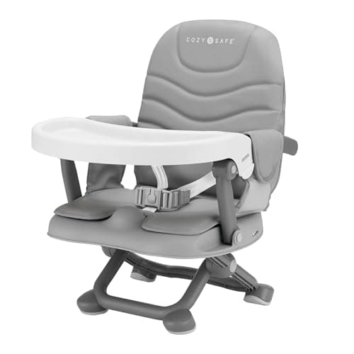 Image of Cozy N Safe Dee Highchair Portable Foldable Compact, Lightweight, Secure with 3-Point Harness, Double Seat Belts, Removable PU Cushions, Dishwasher Safe Tray, Easy Storage (Grey)