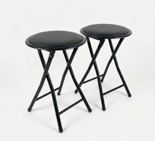 Image of SuperGift.com 2x Black Round Compact Padded Folding Stool Chair For Breakfast, Office Stool, Folding Kitchen Stool, Desk Stool, Foldable Bar Stools