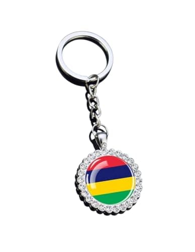 Image of Heiorpai 1PCS Periphery Inlaid Rhinestones Stainless Steel Country Flag Keychain Metal Key Chain Key Ring, Green Mauritius, One size