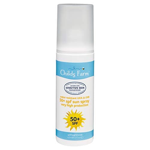 Image of Childs Farm, Kids and Baby Sun Cream Spray SPF 50+ 125 ml, Water Resistant UVA and UVB, Very High Protection, Suitable for Dry, Sensitive and Eczema-Prone Skin, Pack of 1